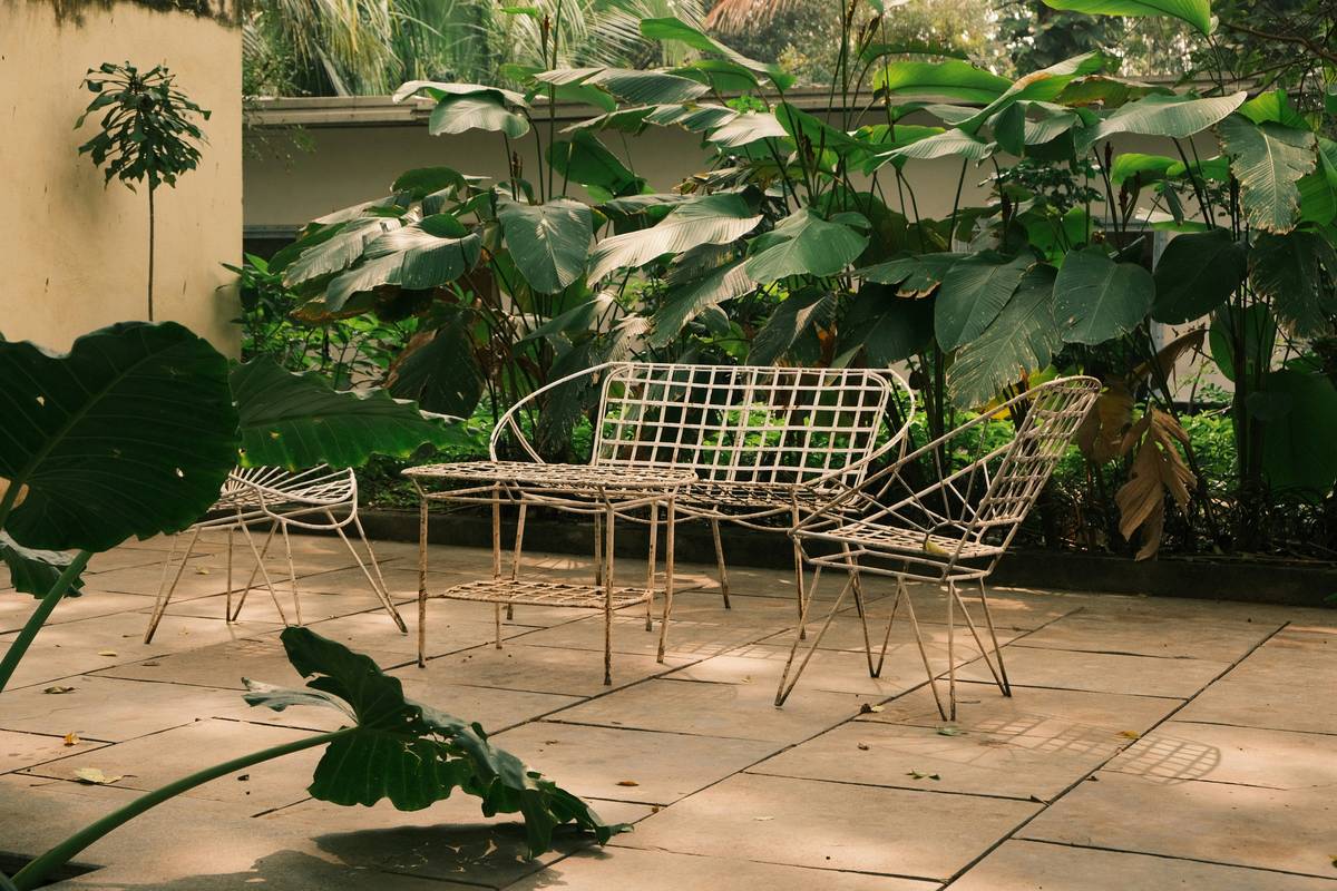 Mixed-material garden table setup showcasing innovative ideas for a garden