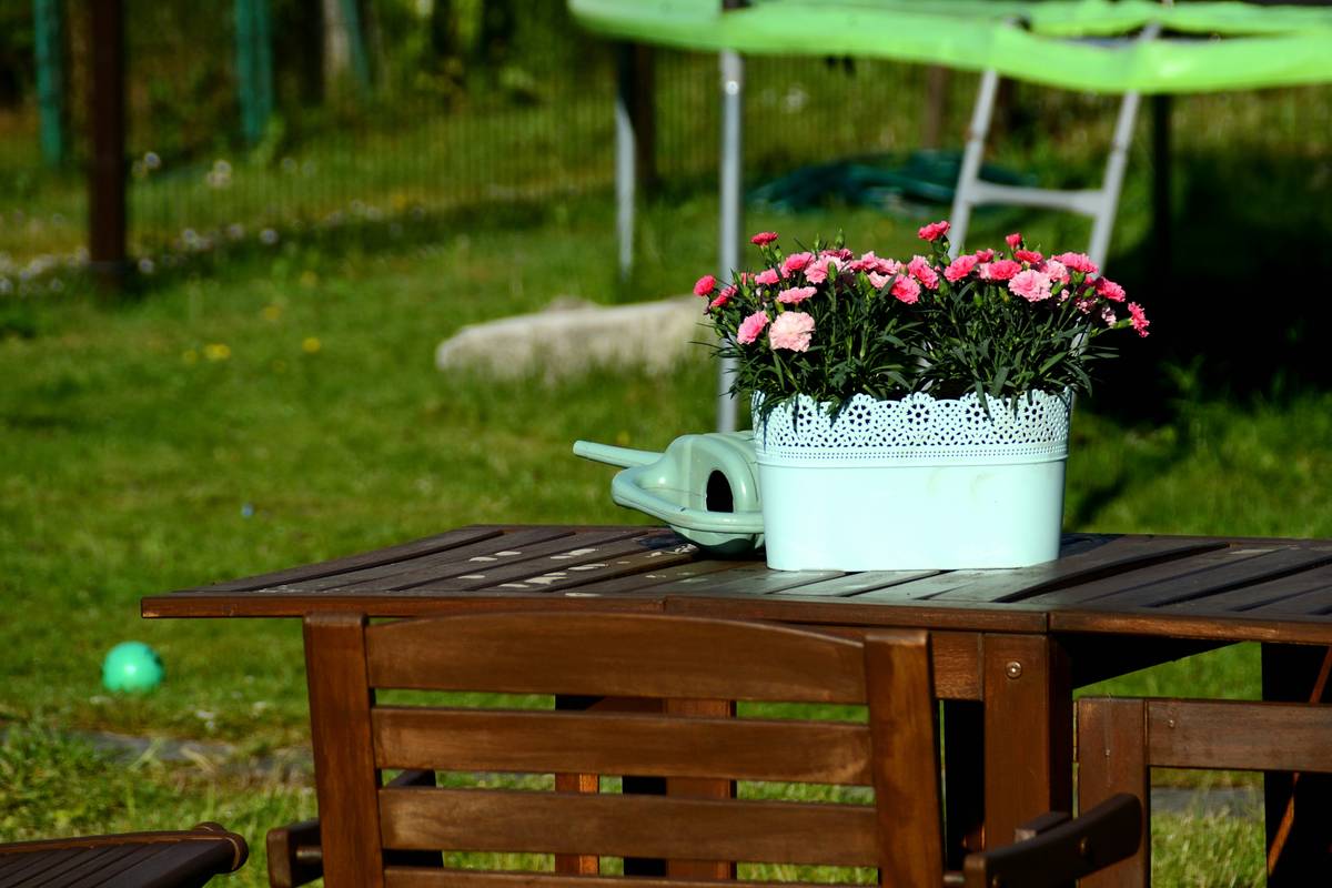 starting a garden ideas with weather-resistant wooden table surrounded by potted herbs and tools