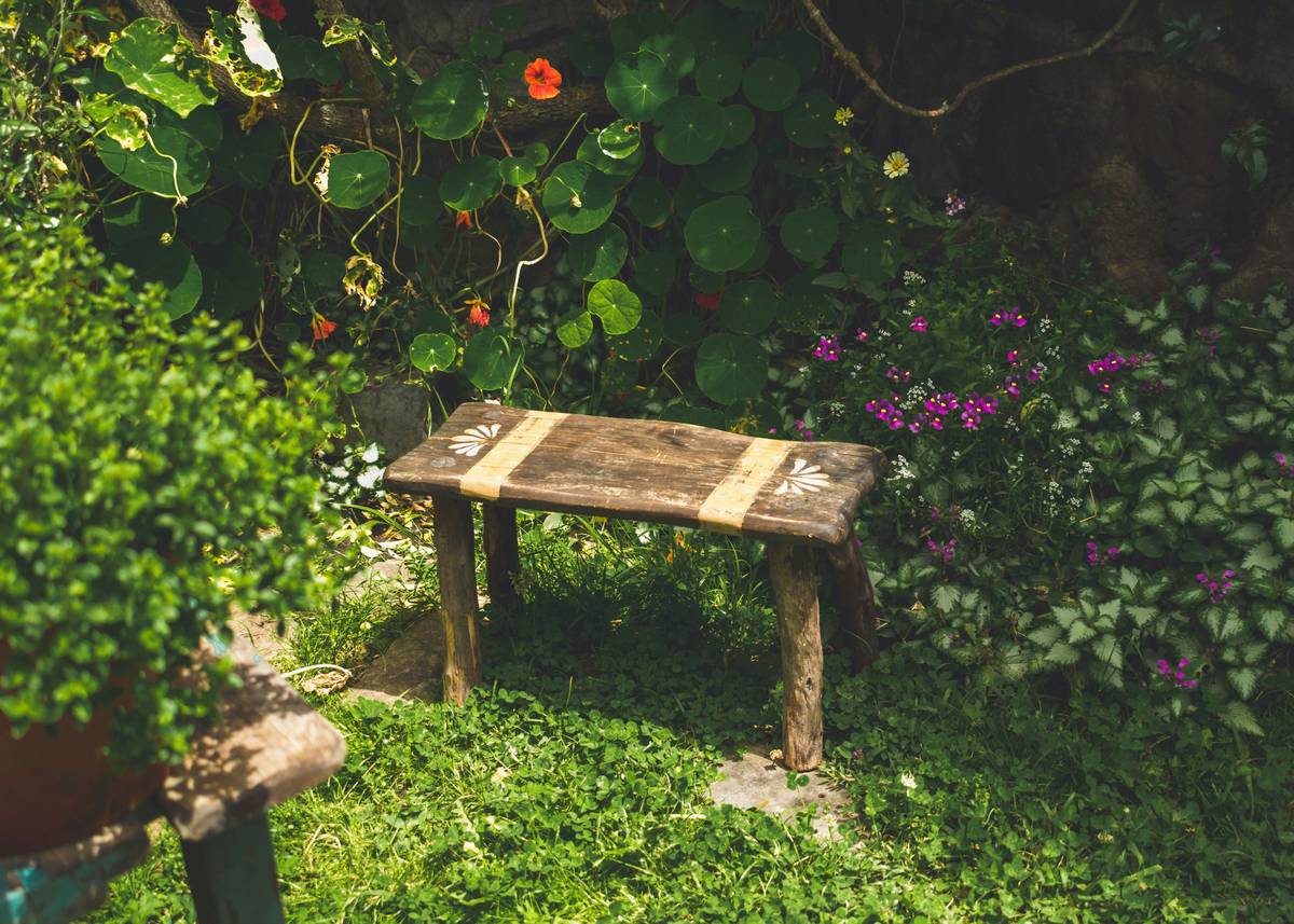 A weatherproof garden table surrounded by potted plants illustrating easy garden design ideas